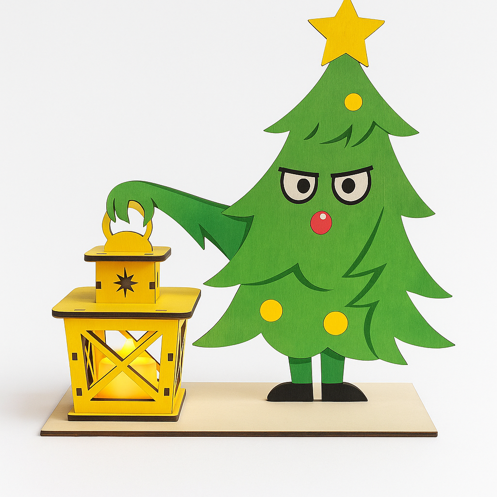 Sapin en bois avec lanterne lumineuse