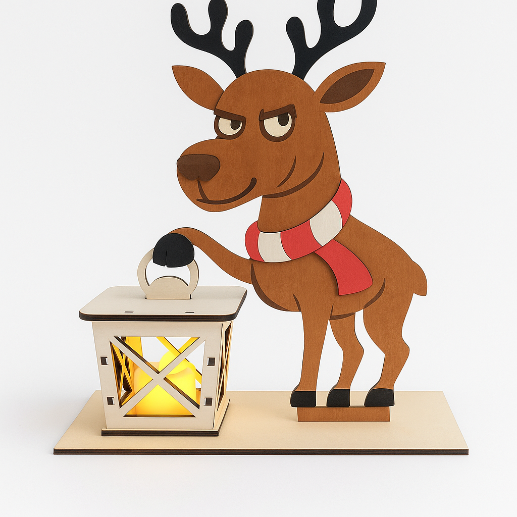 Renne en bois avec lanterne lumineuse