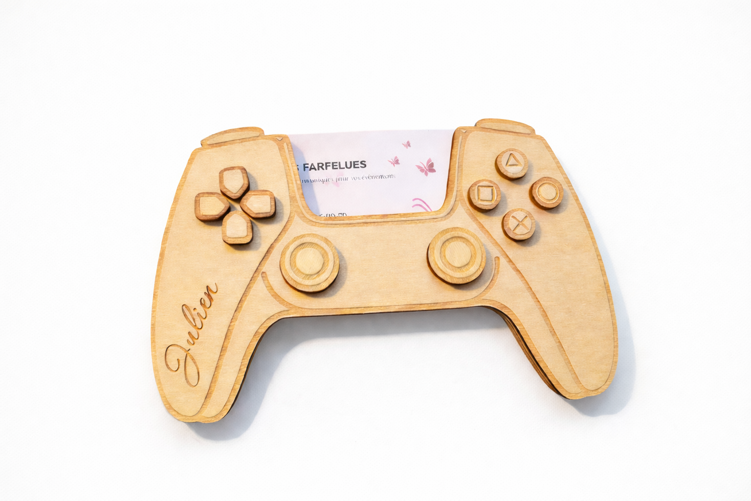 🎮 Support carte cadeau en bois – Manette gaming personnalisée