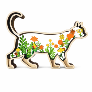Chat décoratif en bois fleuri – Décoration murale ou à poser