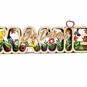 Décoration en bois “Mamie je t’aime” – Fleurs colorées & cœur