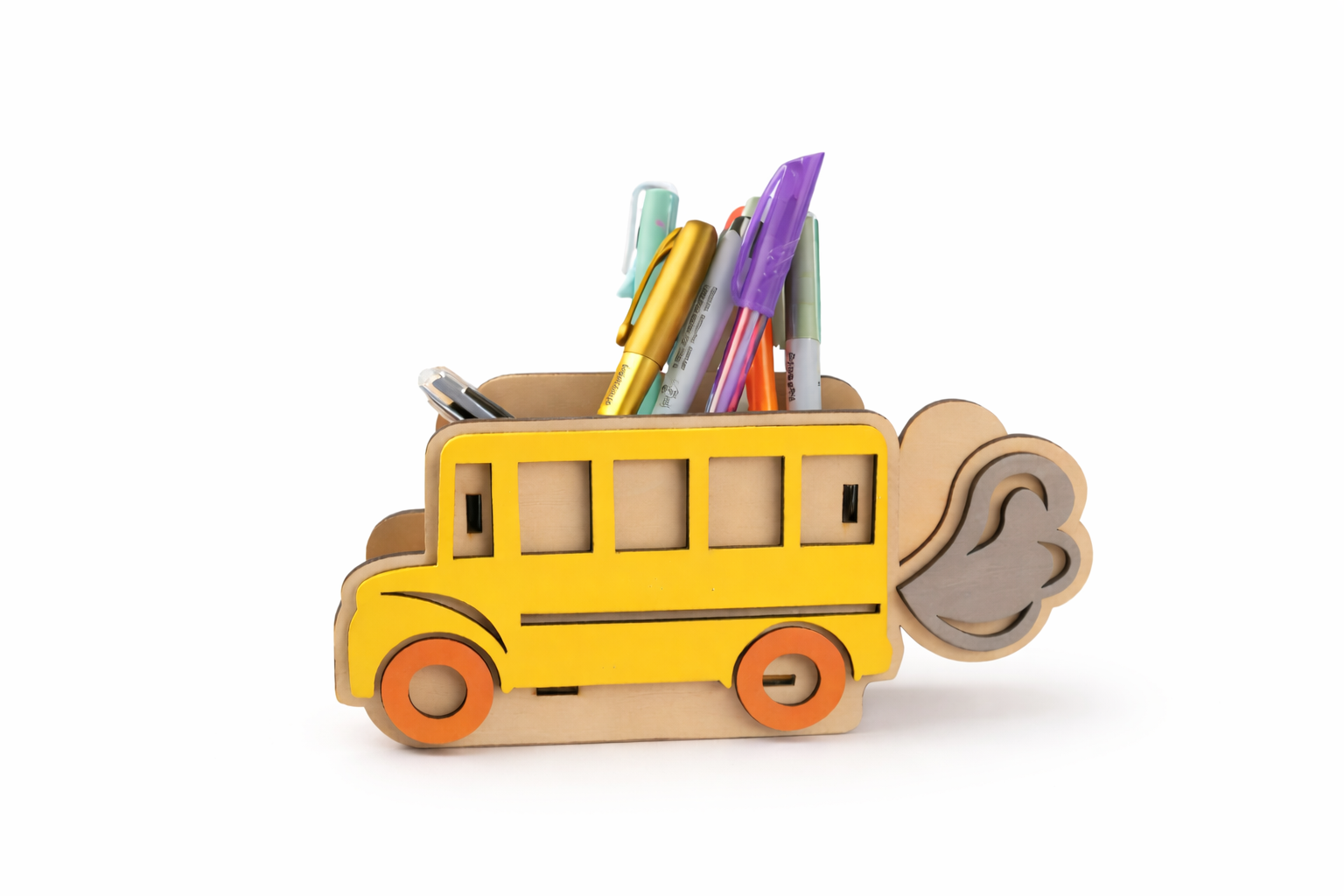 Pot à crayons bus scolaire personnalisé en bois – Cadeau maître / maîtresse