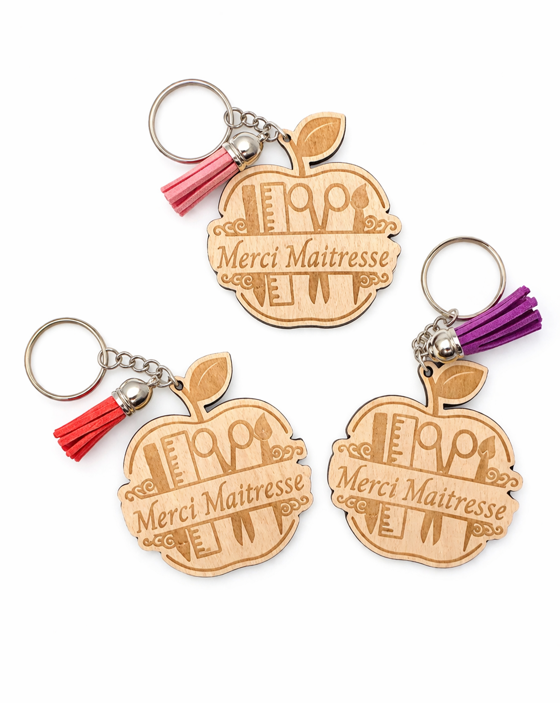 Porte-clé personnalisé “Merci Maîtresse” en bois – Cadeau fin d’année scolaire