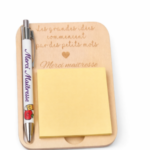Support bloc-notes & stylo personnalisé “Merci Maîtresse” – Cadeau fin d’année scolaire