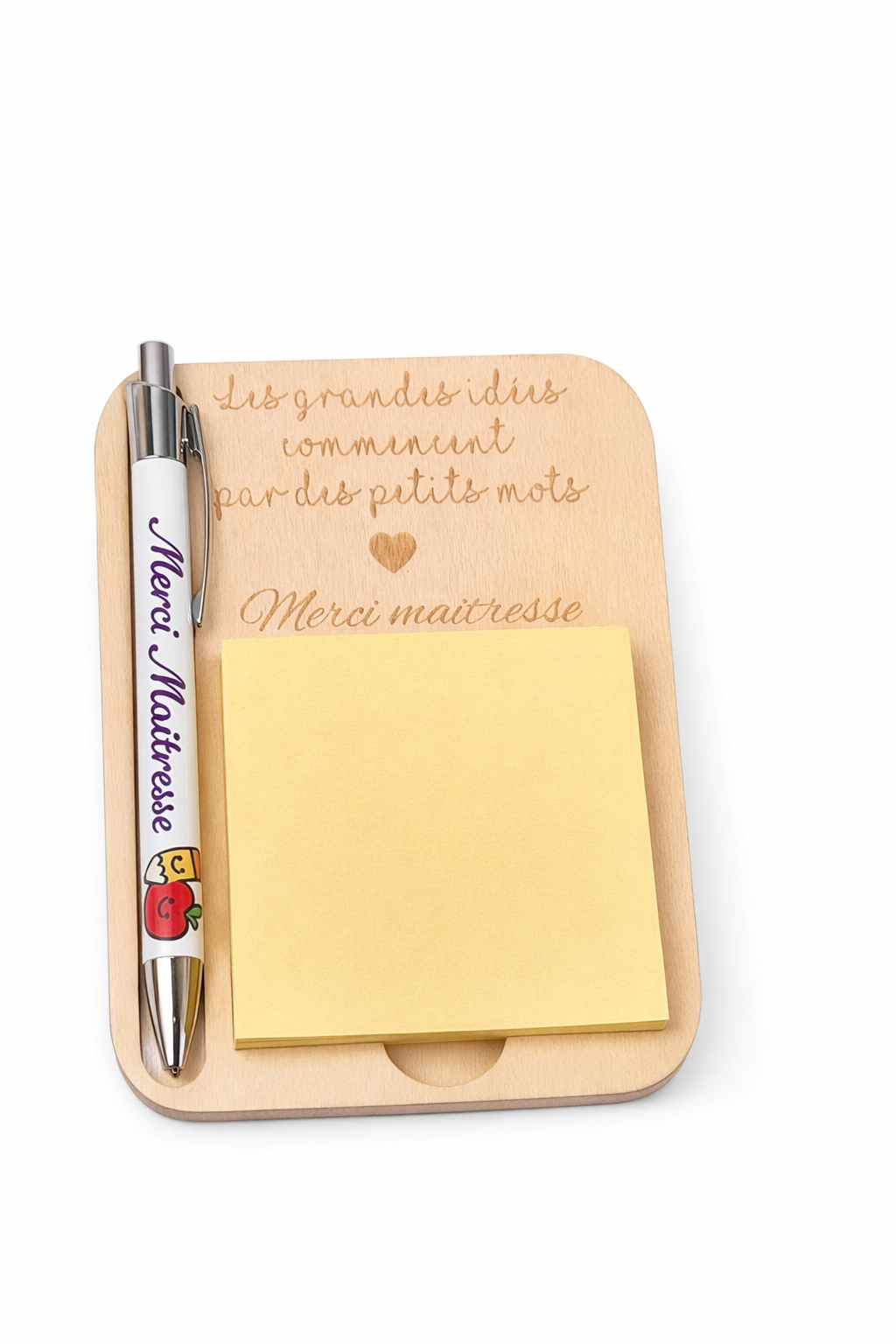 Support bloc-notes & stylo personnalisé “Merci Maîtresse” – Cadeau fin d’année scolaire