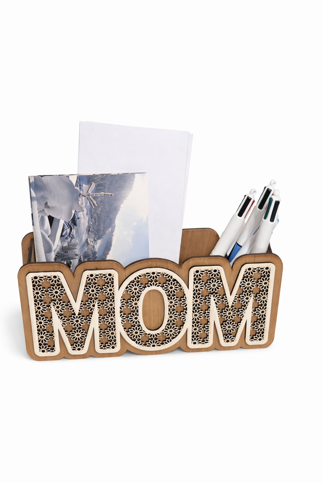 Organisateur bureau “MOM” en bois – Range courrier & stylos – Cadeau fête des mères