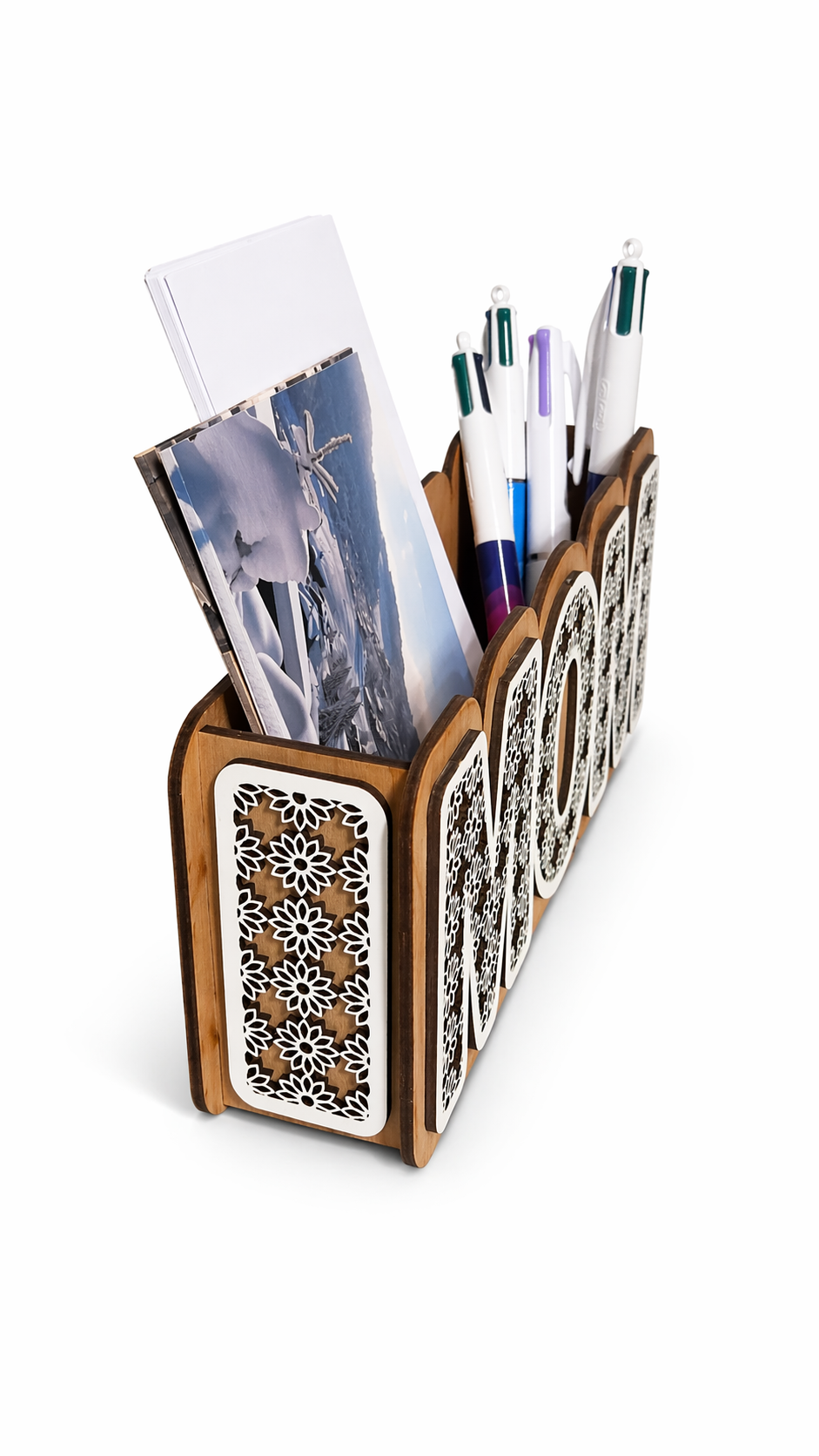 Organisateur bureau “MOM” en bois – Range courrier & stylos – Cadeau fête des mères – Image 2