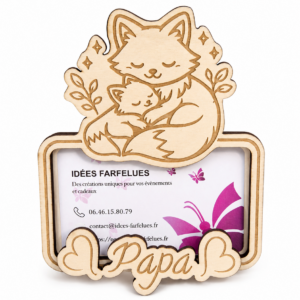 Support photo Papa en bois gravé – Renard Papa & bébé