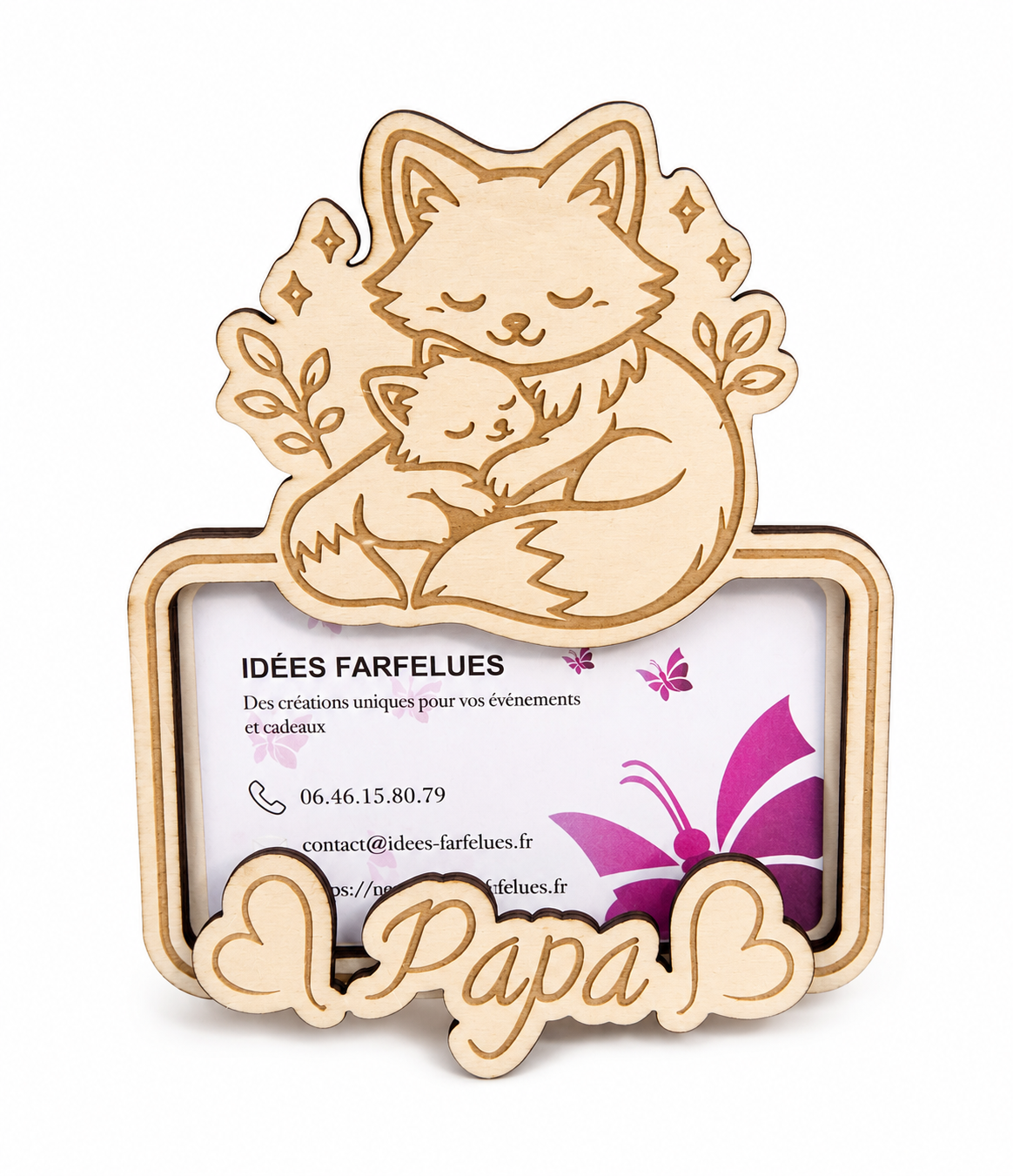 Support photo Papa en bois gravé – Renard Papa & bébé