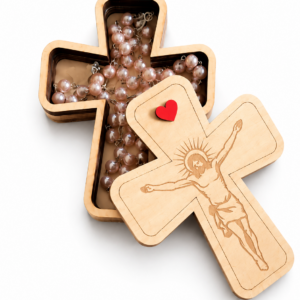 Boîte chapelet en forme de croix personnalisée – Gravure Jésus